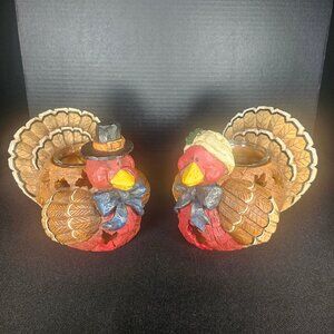 Mr and Mrs Turkey Resin Colorful Candleholders With Glass Votive Cup And Cutouts